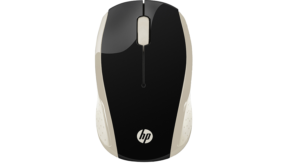 Myš HP Wireless 200 Silk Gold v zlaté barvě na neutrálním pozadí zobrazující elegantní design a ergonomický tvar