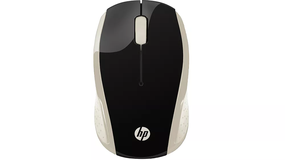 Myš HP Wireless 200 Silk Gold v zlatej farbe na neutrálnom pozadí zobrazujúca elegantný dizajn a ergonomický tvar