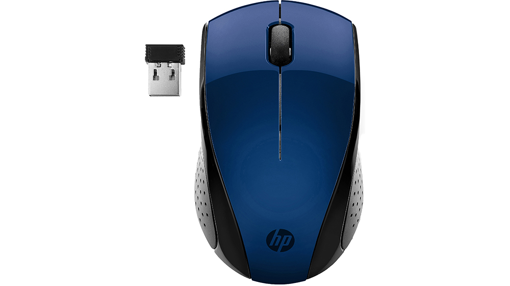 Myš bezdrátová HP 220 na bílém pozadí zobrazující kompaktní ergonomický design s ambidextrním tvarem