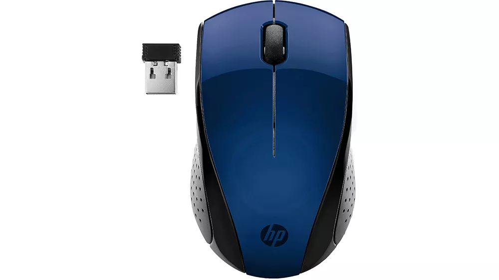 Myš bezdrôtová HP 220 na bielom pozadí zobrazujúca kompaktný ergonomický dizajn s ambidextrným tvarom