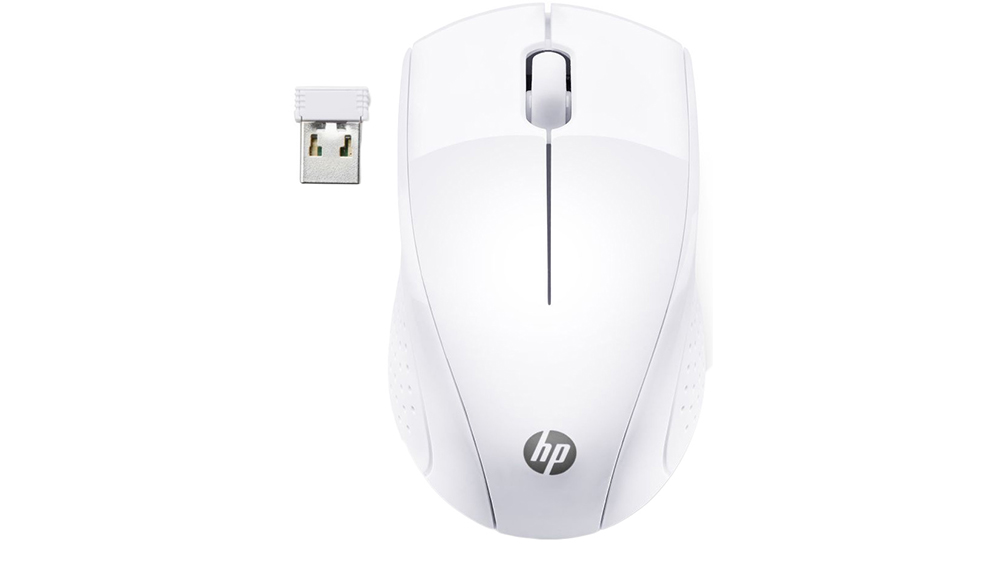 Myš HP 220 Wireless Snow White v bílém provedení na bílém pozadí zobrazující kompaktní design a ergonomický tvar