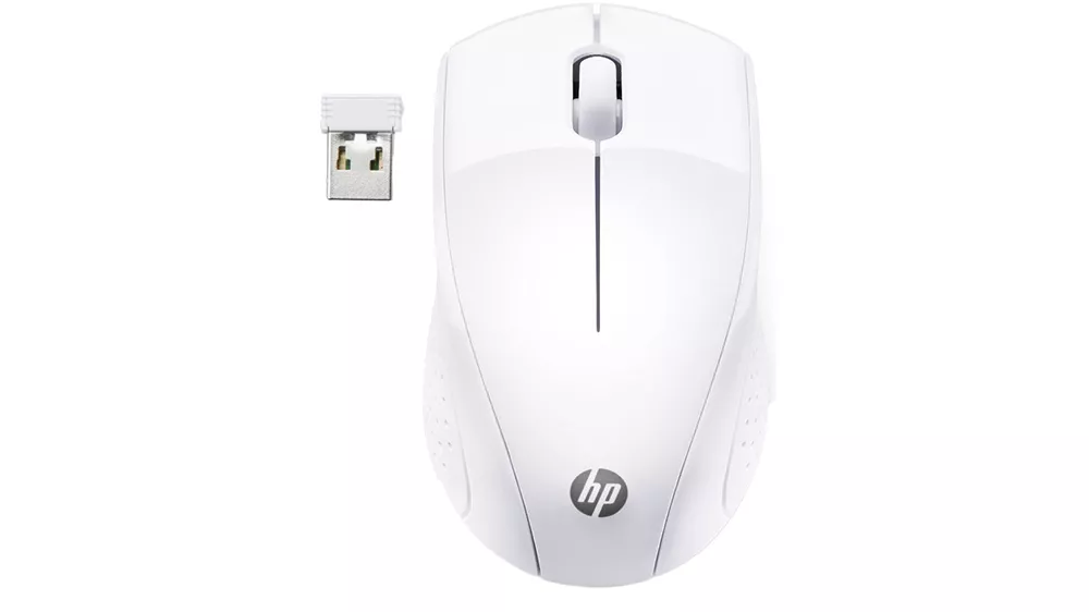 Myš HP 220 Wireless Snow White v bielom prevedení na bielom pozadí zobrazujúca kompaktný dizajn a ergonomický tvar