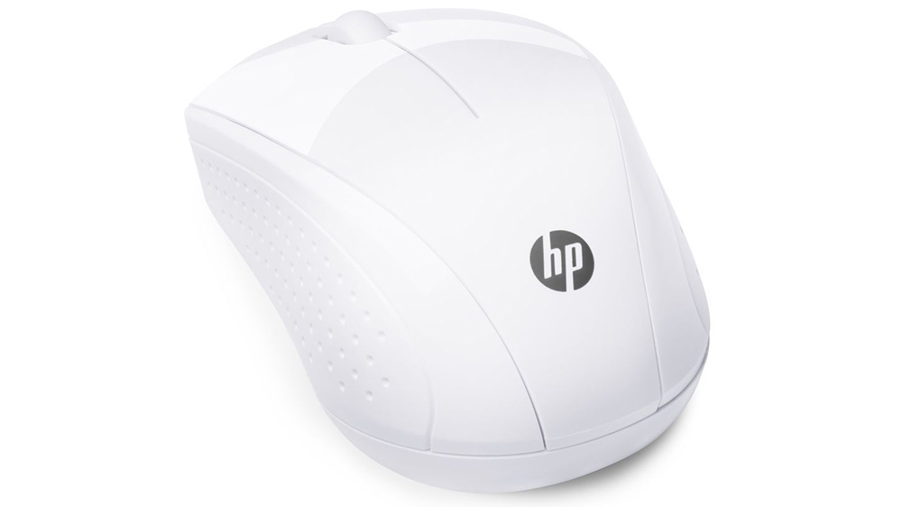 Myš HP 220 Wireless Snow White při použití na pracovním stole, demonstrující přesné snímání pohybu a ergonomický tvar