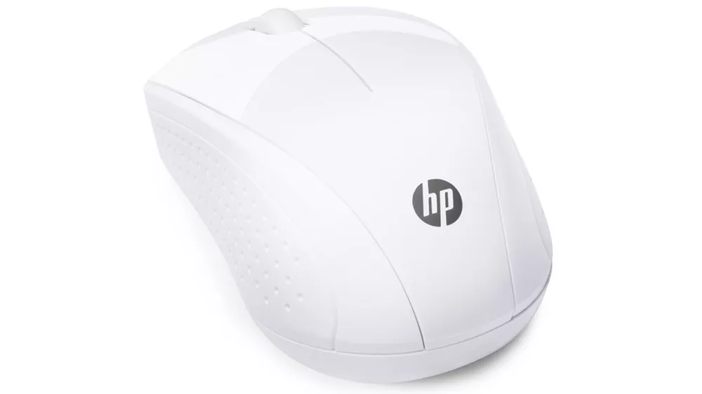 Myš HP 220 Wireless Snow White pri použití na pracovnom stole, demonštrujúca presné snímanie pohybu a ergonomický tvar