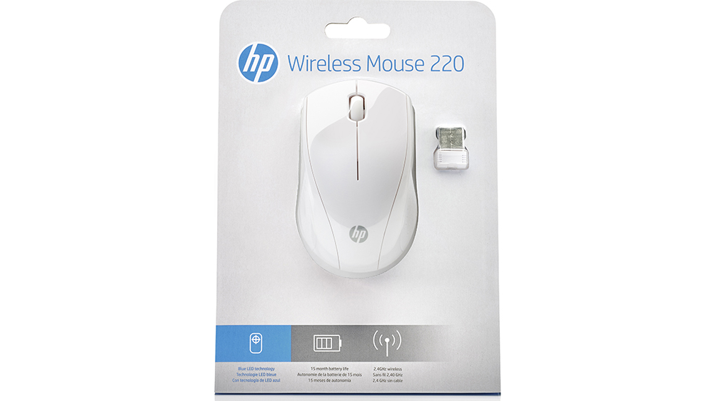 Myš HP 220 Wireless Snow White ukazující programovatelná tlačítka a nano přijímač pro bezdrátové připojení