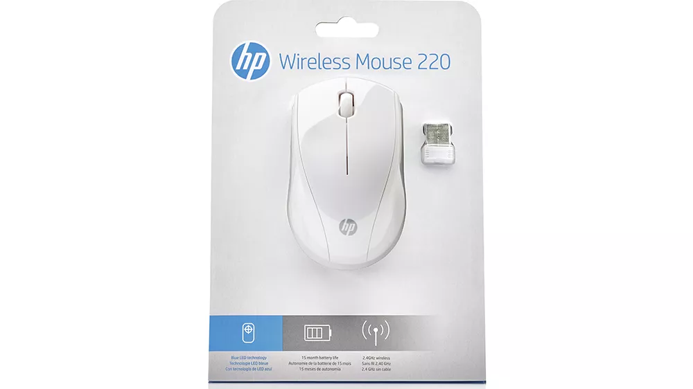 Myš HP 220 Wireless Snow White ukazujúca programovateľné tlačidlá a nano prijímač pre bezdrôtové pripojenie