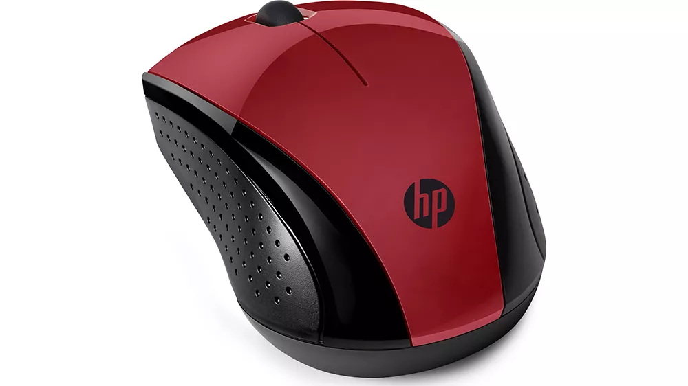 Bezdrôtová myš HP 220 Sunset Red s pripojeným nano prijímačom demonštrujúca jednoduchosť pripojenia