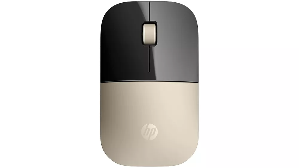 Bezdrátová myš HP Z3700 Gold na bílém pozadí zobrazující elegantní zlatý design a ergonomický tvar