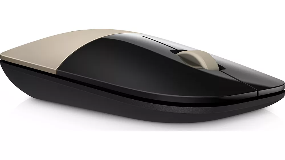 Bezdrátová myš HP Z3700 Gold ukazující programovatelná tlačítka a kompaktní nanoreceiver pro snadné připojení