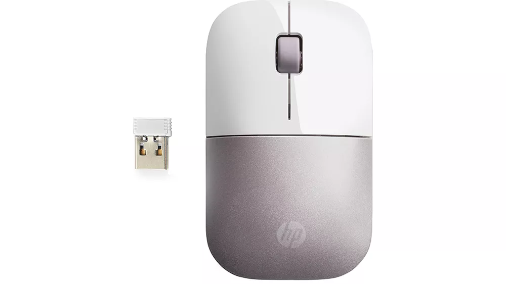 Bezdrôtová myš HP Z3700 White/Pink na bielom pozadí zobrazujúca kompaktný ergonomický dizajn