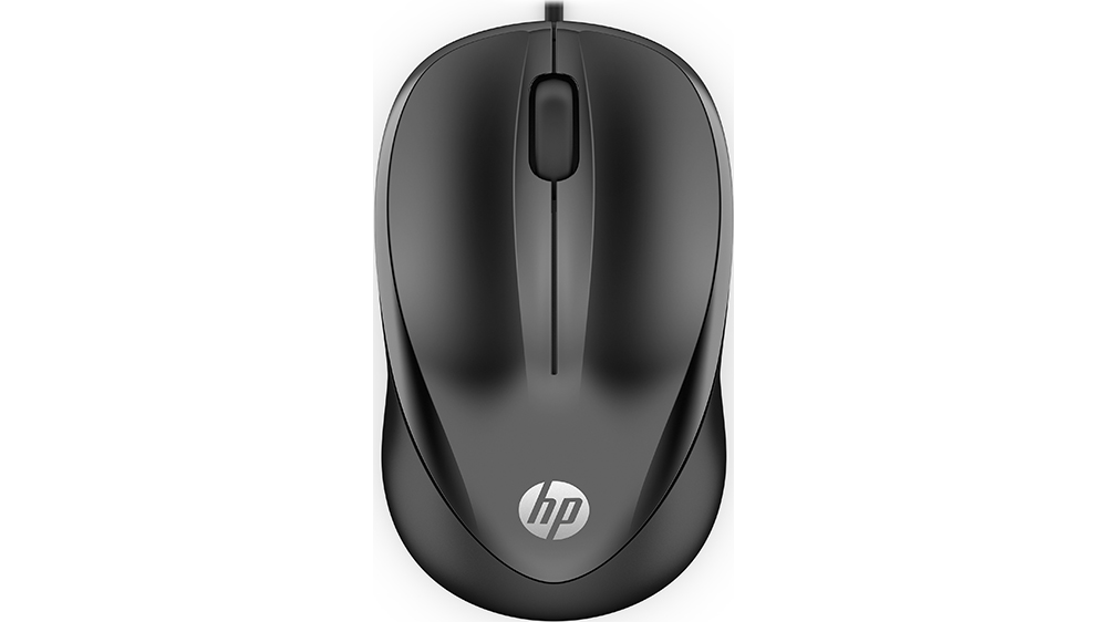 Myš HP 1000 na bielom pozadí zobrazujúca základnú optickú myš s červeným senzorom a ergonomickým tvarom