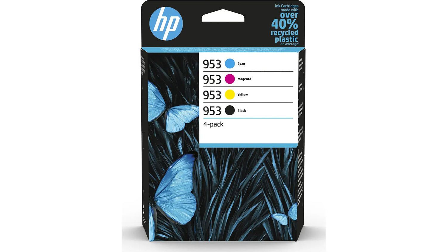 Sada cartridge originálních HP 953 6ZC69AE černá/azurová/magenta/žlutá na bílém pozadí zobrazující všechny čtyři barevné náplně