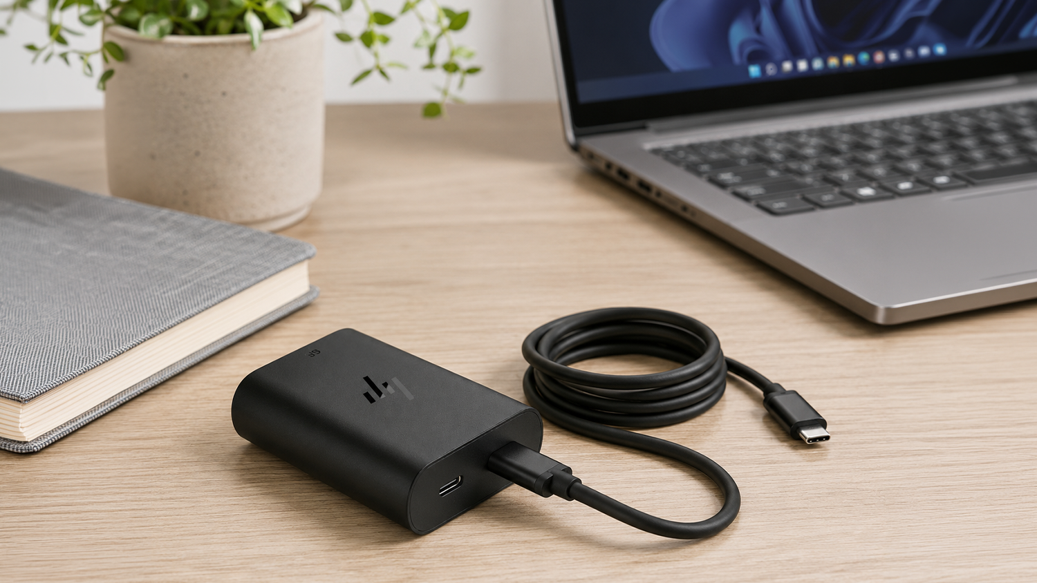 Nap&aacute;jec&iacute; adapt&eacute;r HP Laptop Charger 65W GaN USB-C na pracovn&iacute;m stole vedle notebooku