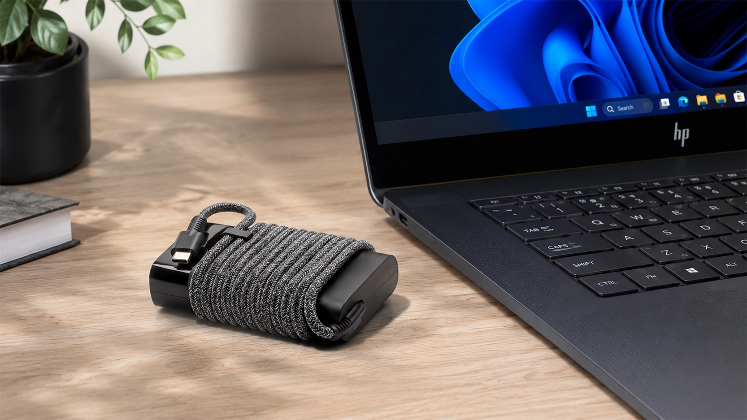 Nap&aacute;jec&iacute; adapt&eacute;r HP 65W USB-C stočen&yacute; vedle notebooku na stole