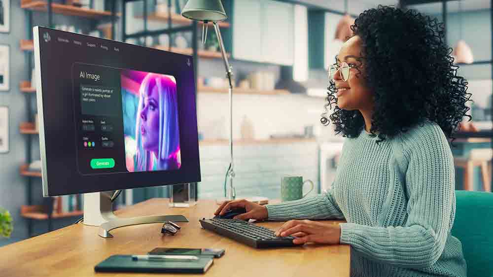 Žena pracuje s AI n monitoru_03