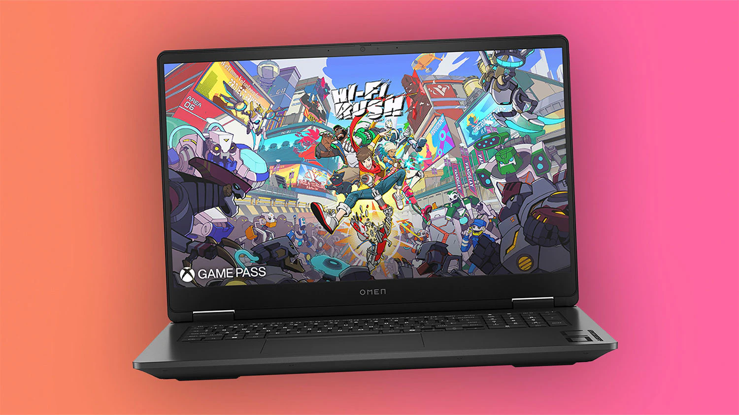Notebook HP OMEN na růžov&eacute;m pozad&iacute;