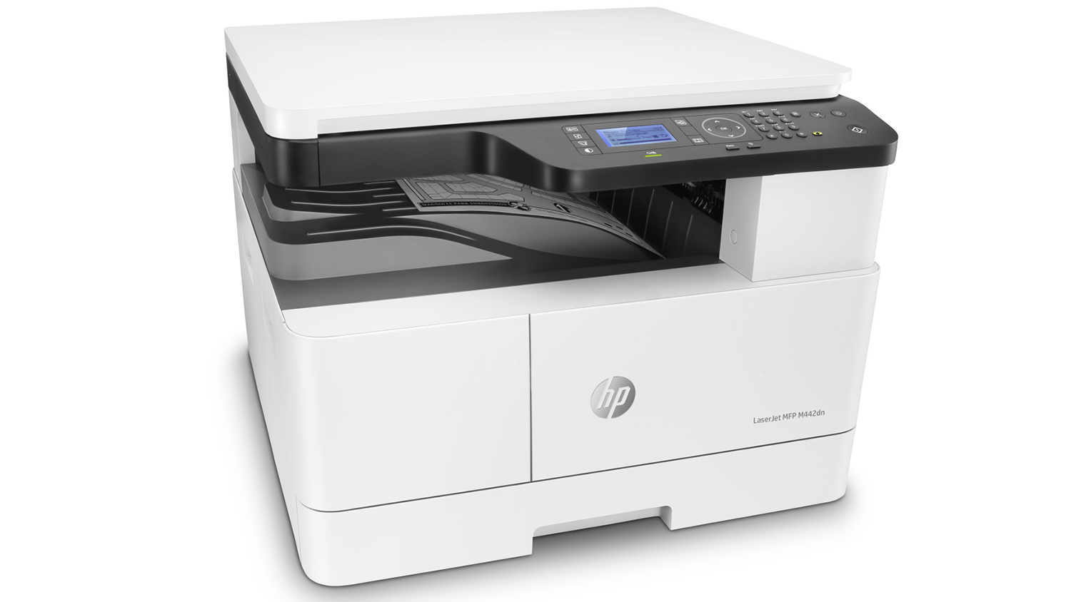 Laserová multifunkční tiskárna HP M442dn pohled šikmo zepředu