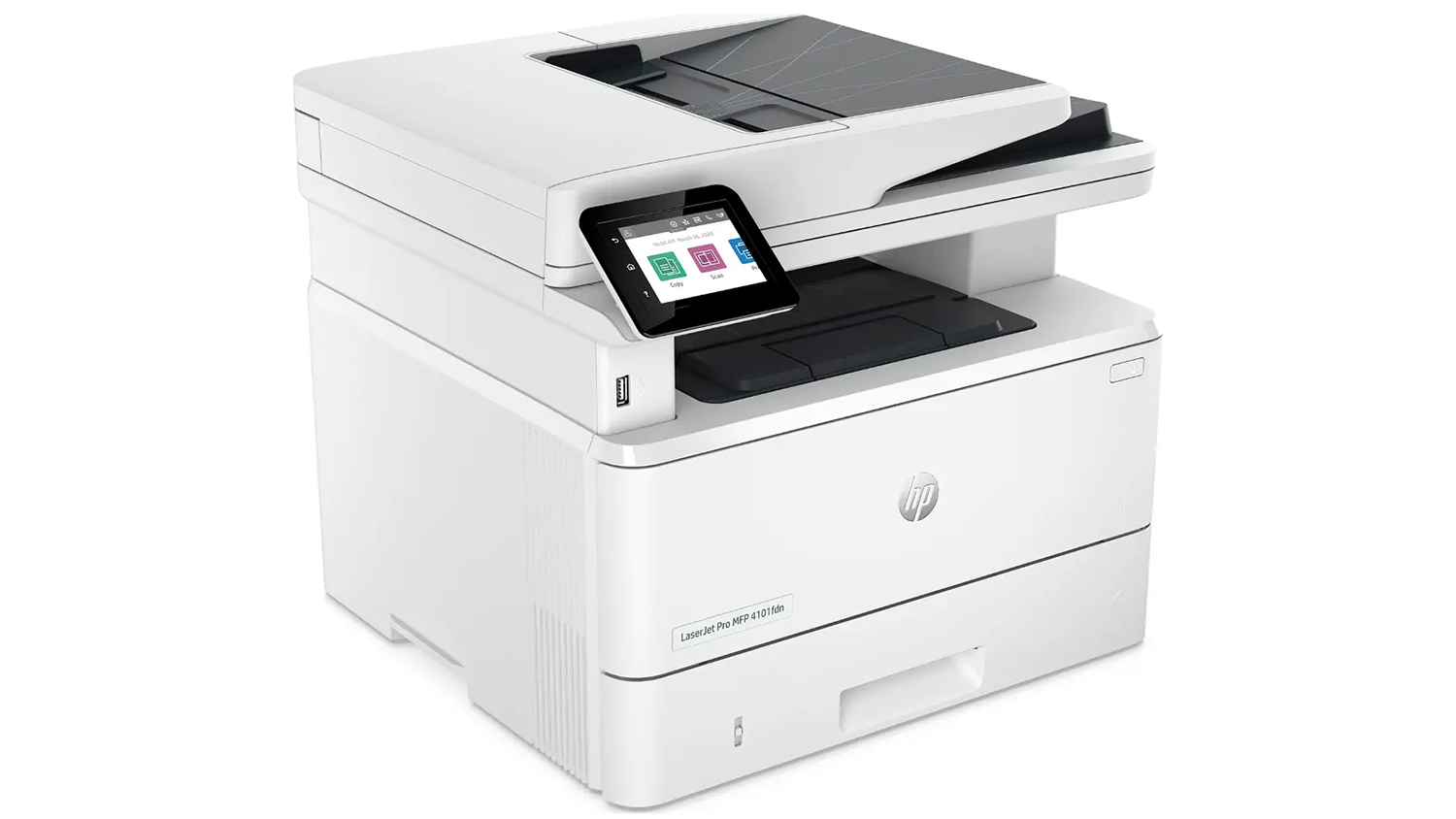 Laserová multifunkčná tlačiareň HP MFP 4102fdn pohľad šikmo spredu