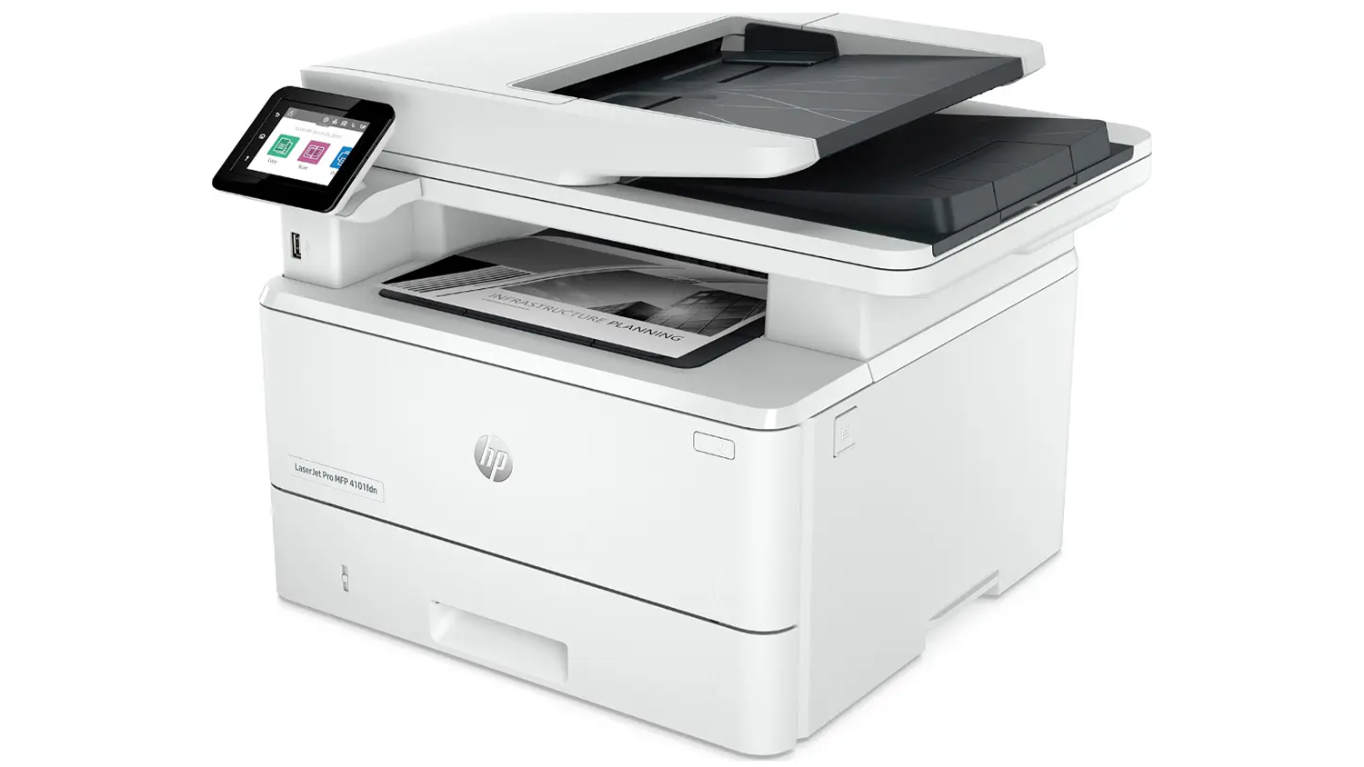 Laserová multifunkčná tlačiareň HP MFP 4102fdn pohľad šikmo spredu z druhej strany