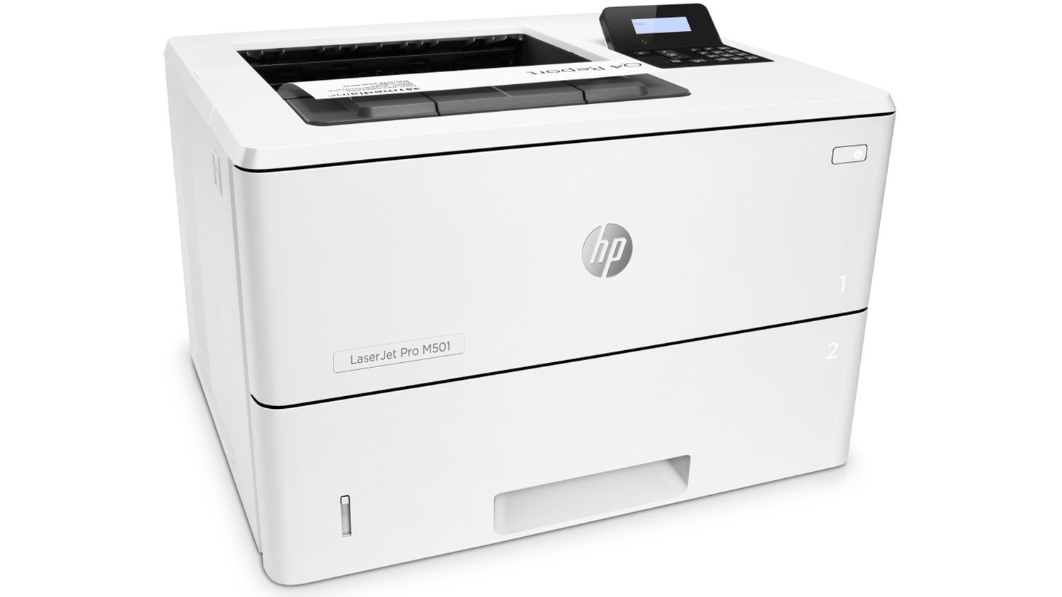 Laserová tiskárna HP M501dn pohled šikmo zepředu