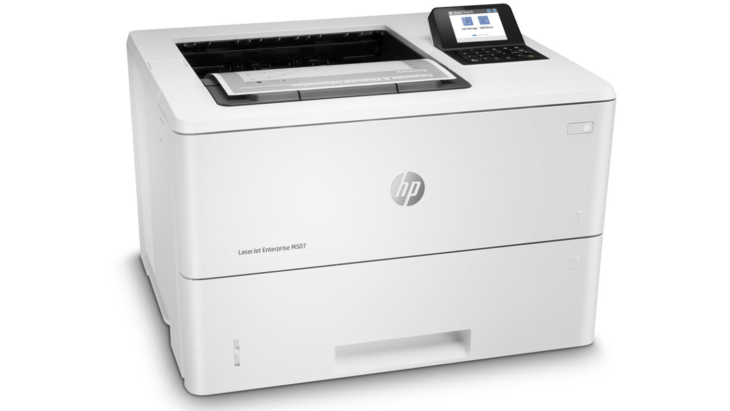 Laserová multifunkční tiskárna HP M507dn pohled šikmo zepředu