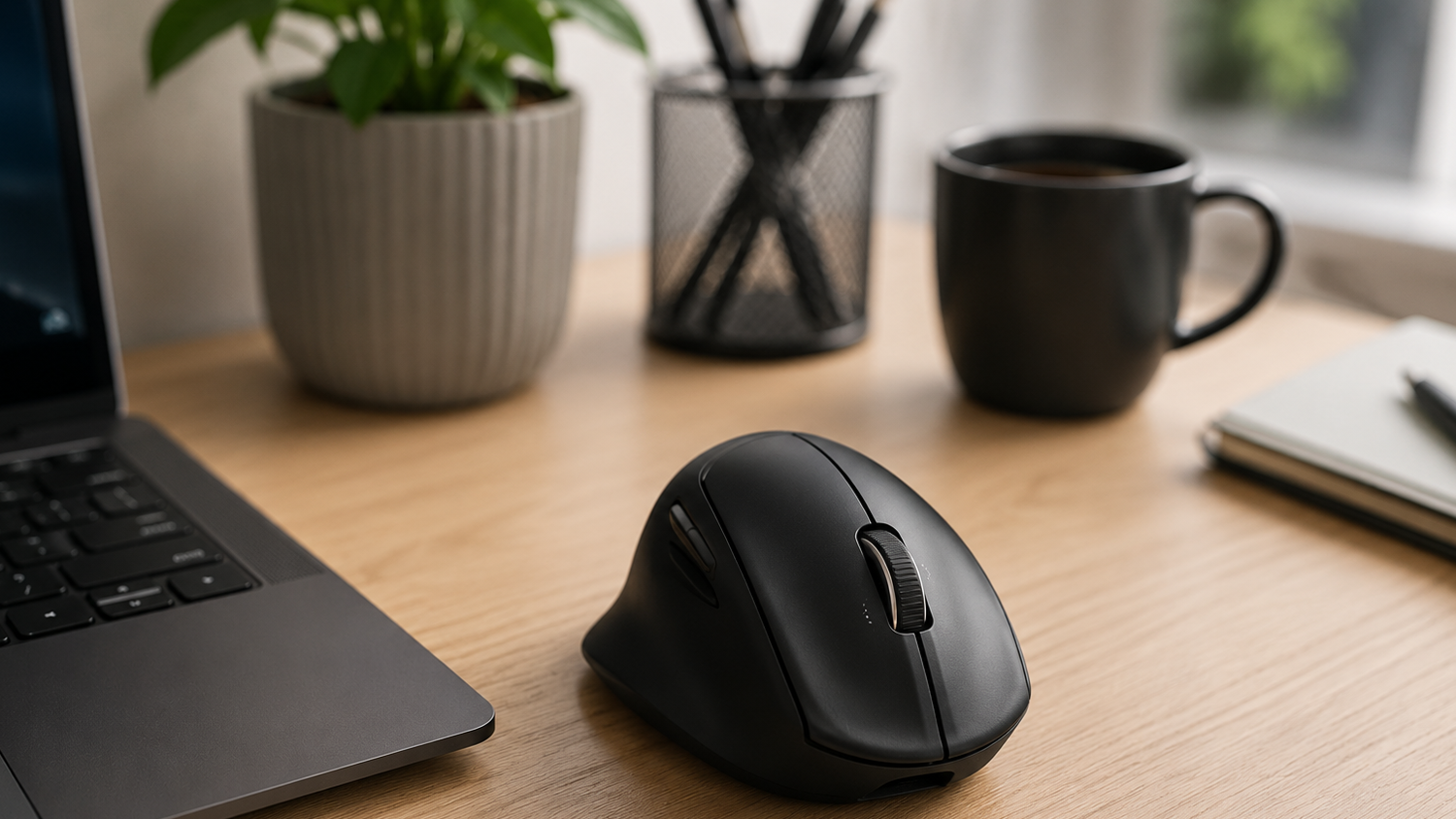PC myš HP Tilt Ergonomic Mouse 720M black na pracovnom stole pri počítači