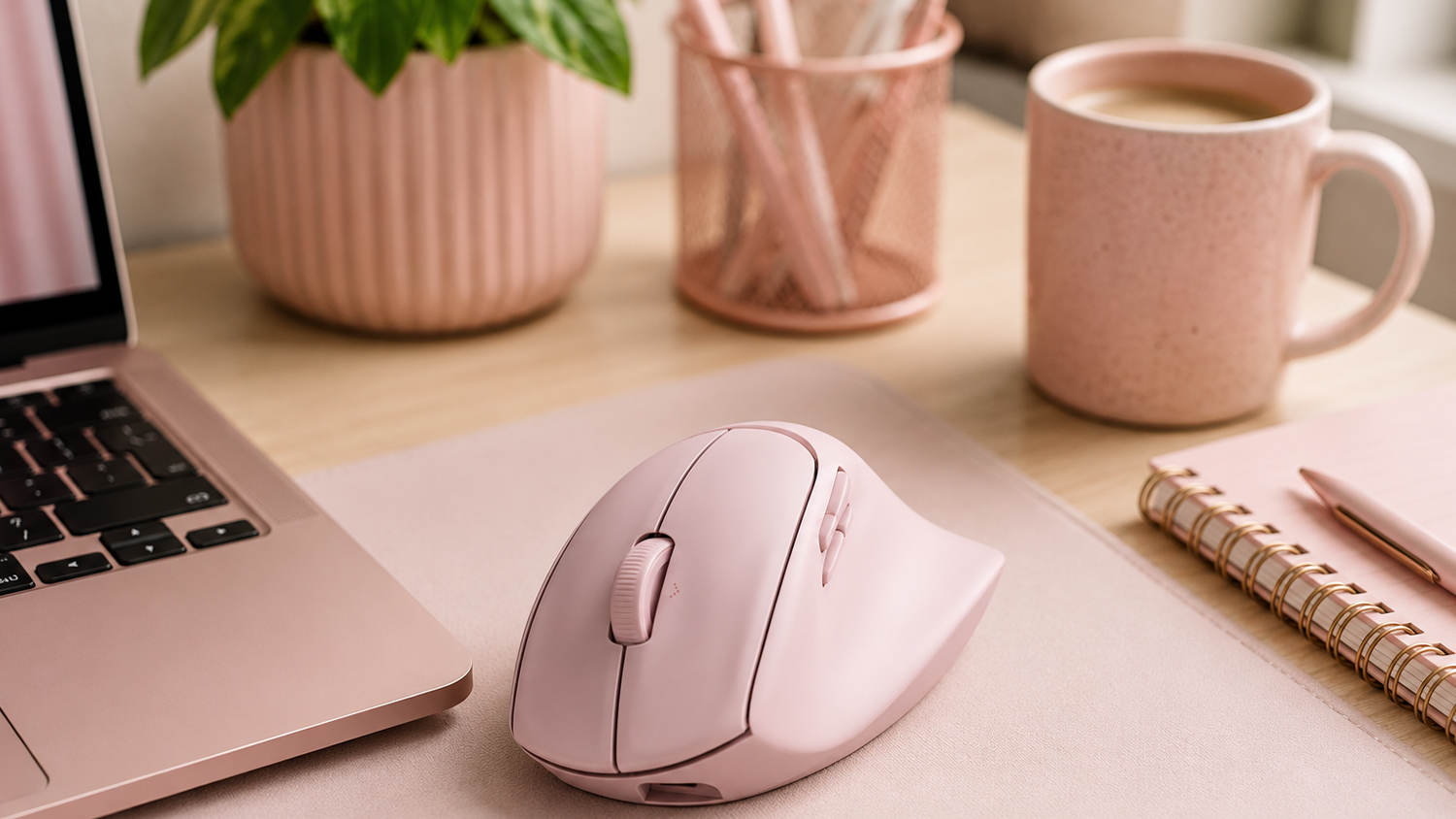 PC myš HP Tilt Ergonomic Mouse 720M pink na pracovnom stole pri počítači