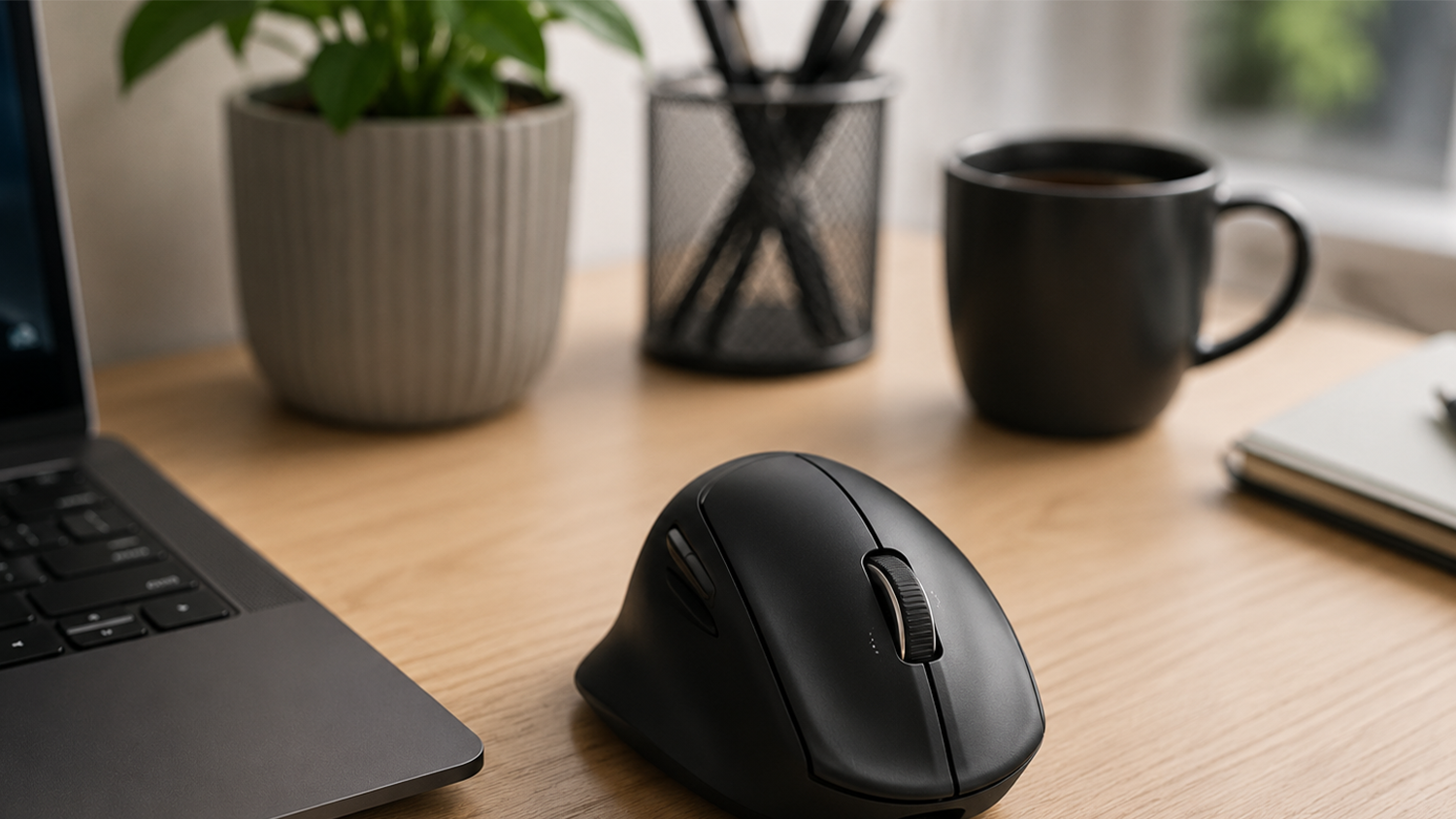 PC myš HP Tilt Ergonomic Mouse 725M black na pracovnom stole pri počítači