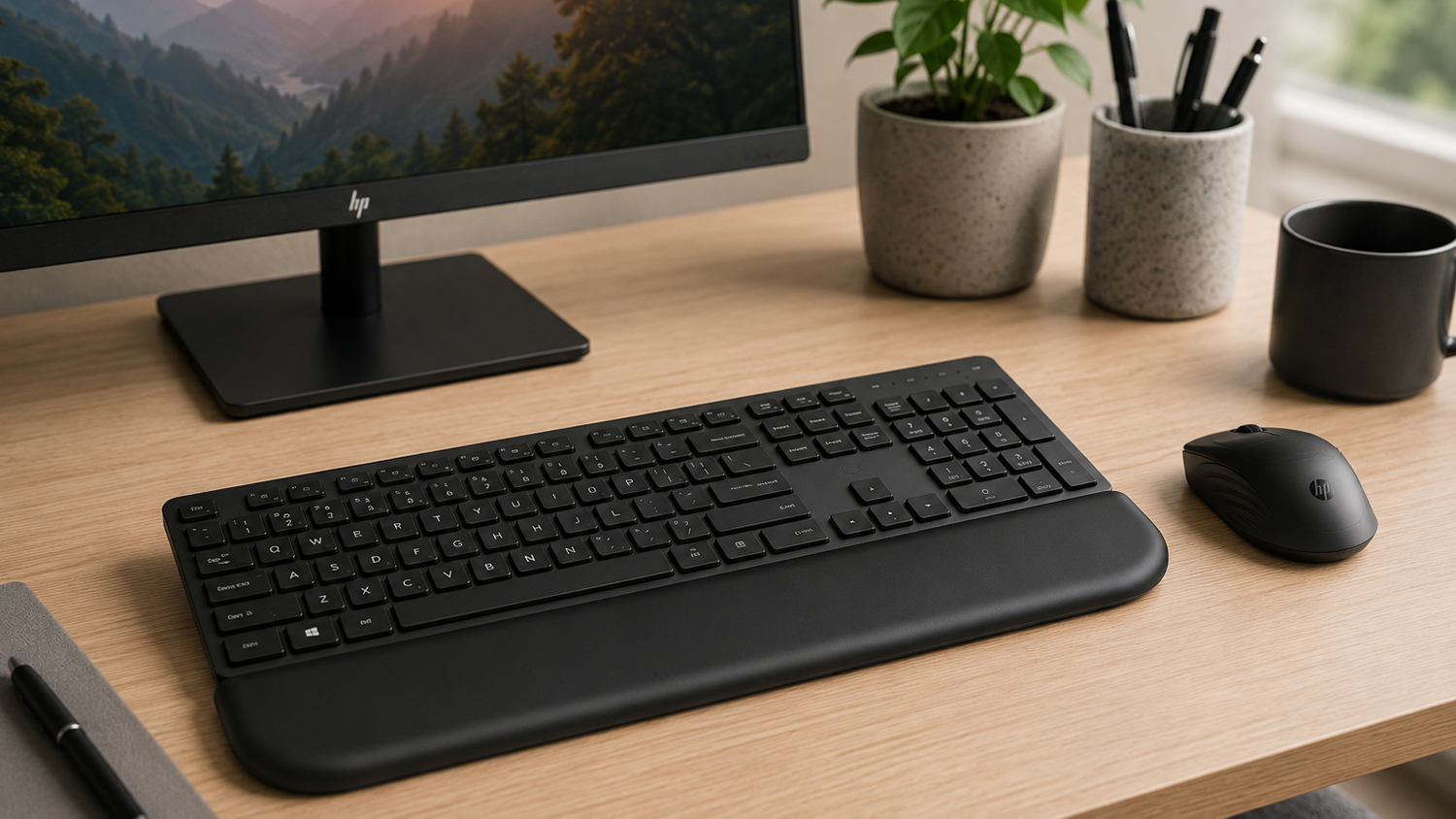 PC klávesnica s myšou HP Dual-Mode Mouse and Keyboard 580C na pracovnom stole