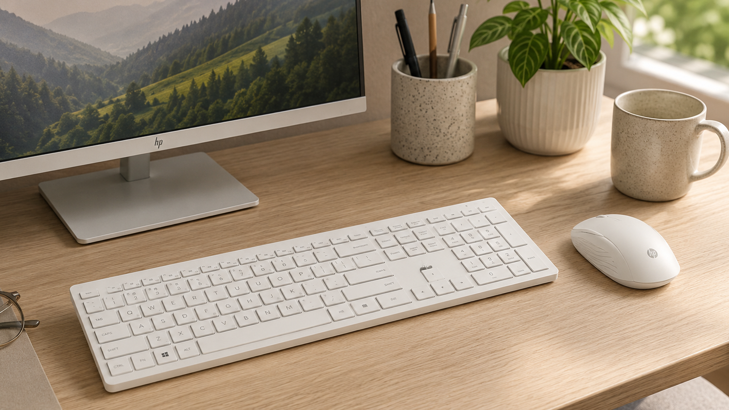 PC klávesnica s myšou HP Multi-Device Dual Mouse and Keyboard Combo White na pracovnom stole