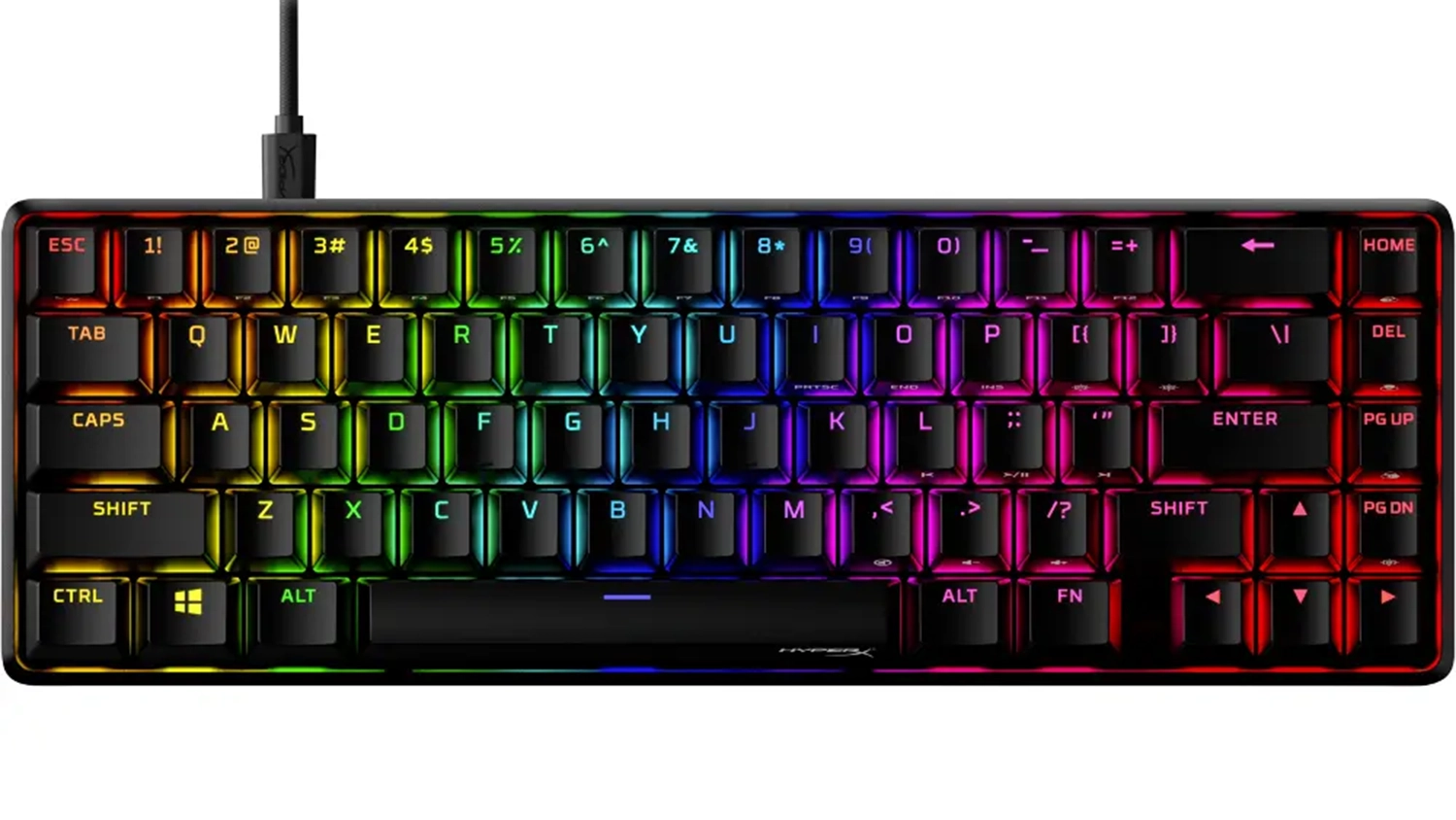 Hern&iacute; kl&aacute;vesnice HyperX Alloy Origins 65 na b&iacute;l&eacute;m pozad&iacute; ukazuj&iacute;c&iacute; kompaktn&iacute; 65% rozložen&iacute; a RGB podsv&iacute;cen&iacute;