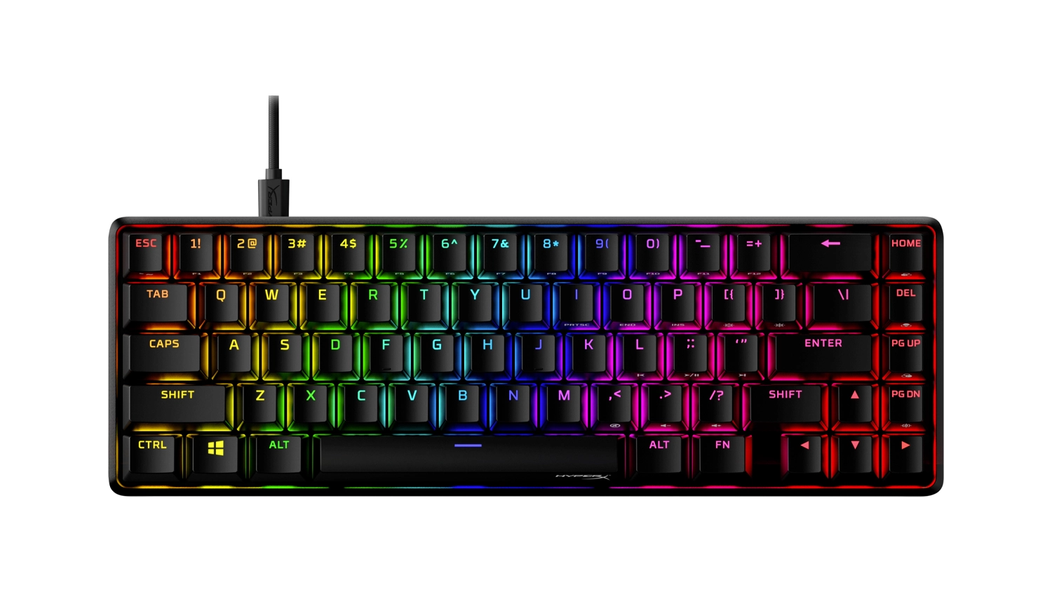 Herní klávesnice HyperX Alloy Origins 65 na bílém pozadí zobrazující celkový design s RGB podsvícením