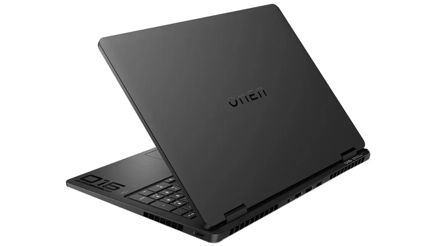 Pohled šikmo zezadu na přivřený notebook HyperX OMEN