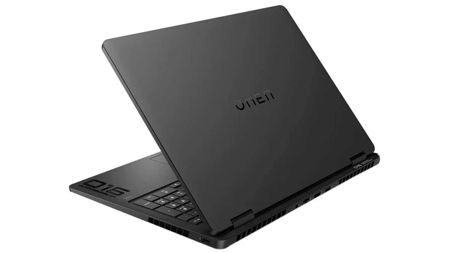Pohled šikmo zezadu na přivřený notebook HyperX OMEN