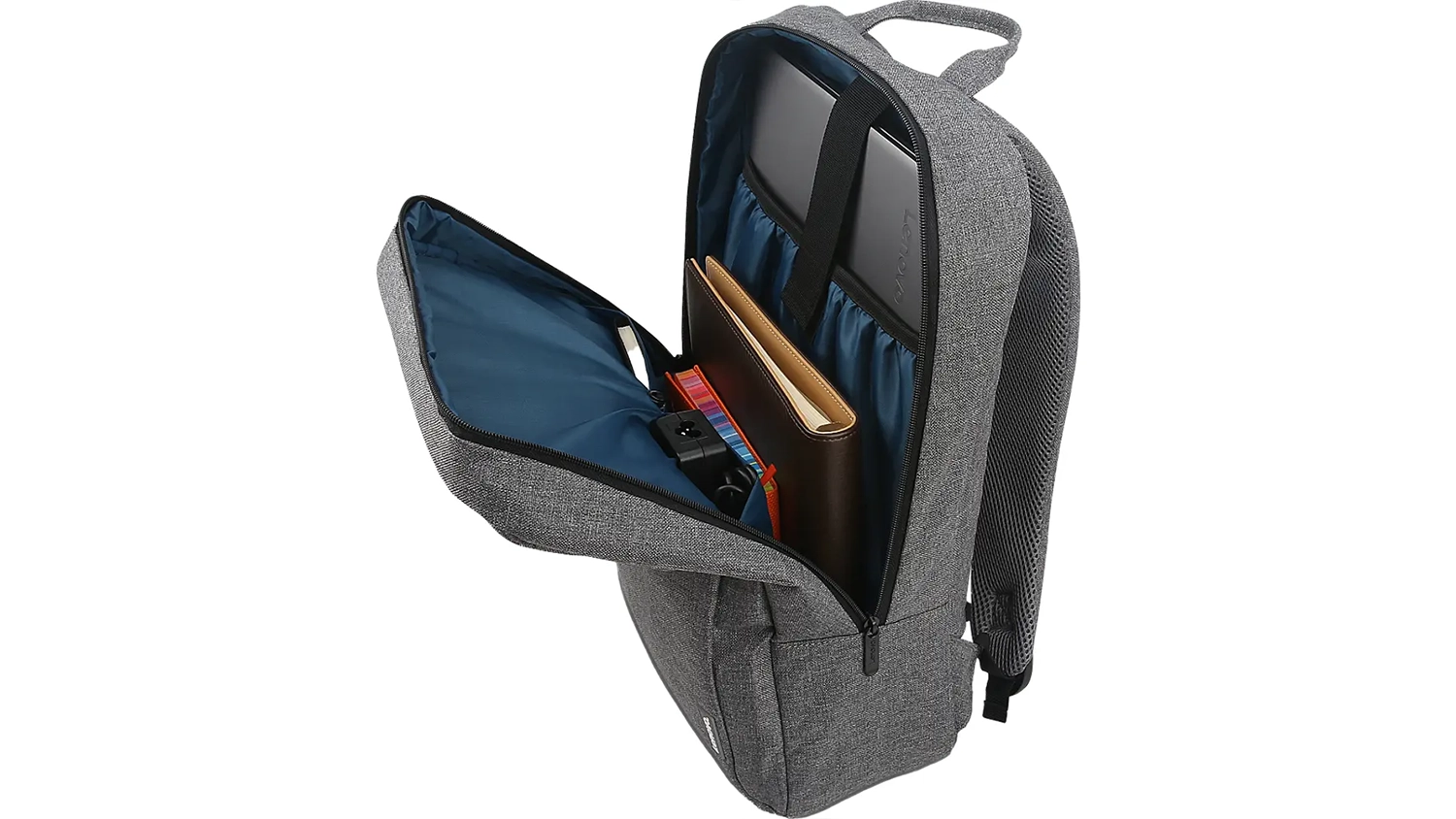 Batoh pro notebook Lenovo B210 ocelov&aacute; &scaron;ed&aacute; s otevřen&yacute;m polstrovan&yacute;m oddělen&iacute;m pro notebook a organizačn&iacute;mi kapsami