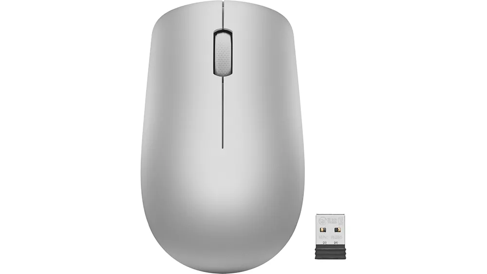 Myš Lenovo 530 Platinum Grey na bielom pozadí zobrazujúca elegantný sivý dizajn a ergonomický tvar