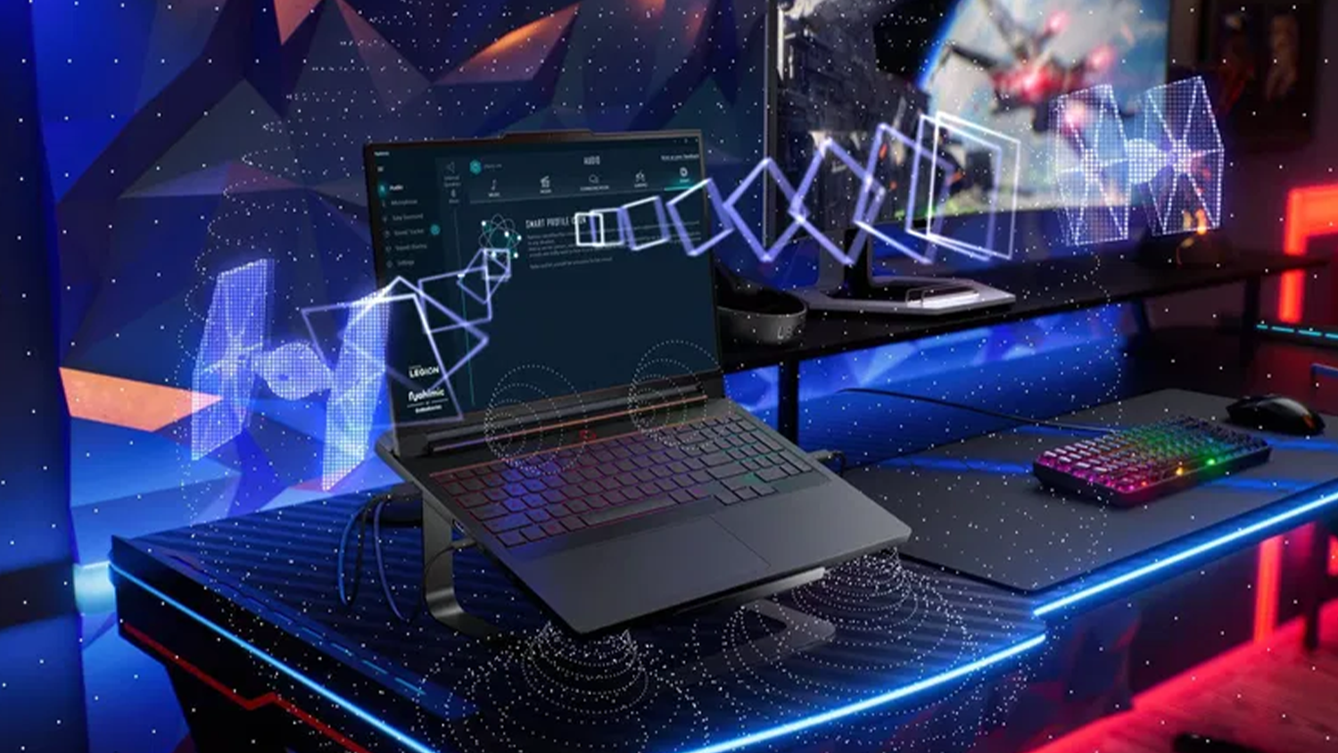 Hern&yacute; notebook Lenovo Legion 5 na stole s vizualiz&aacute;ciou zvuku