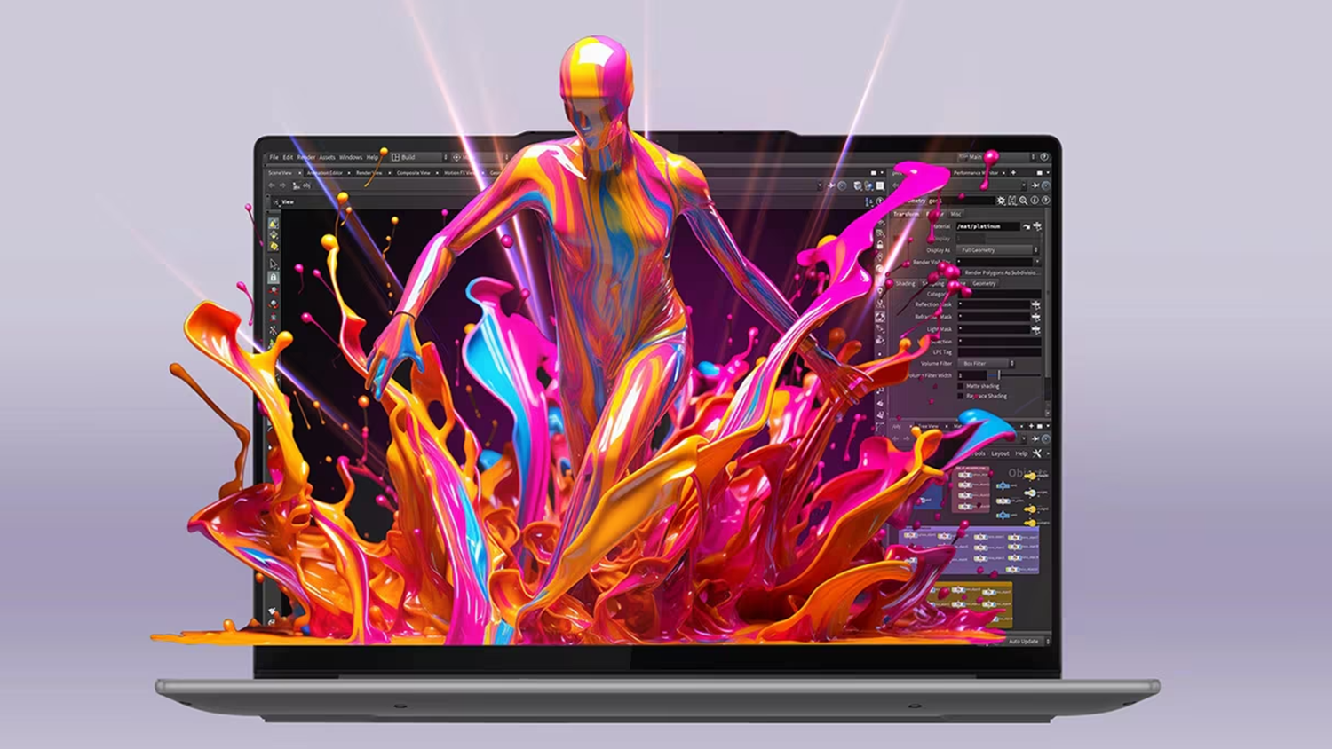 Postava z barev vystupující z obrazovky notebooku Lenovo Yoga Pro 7