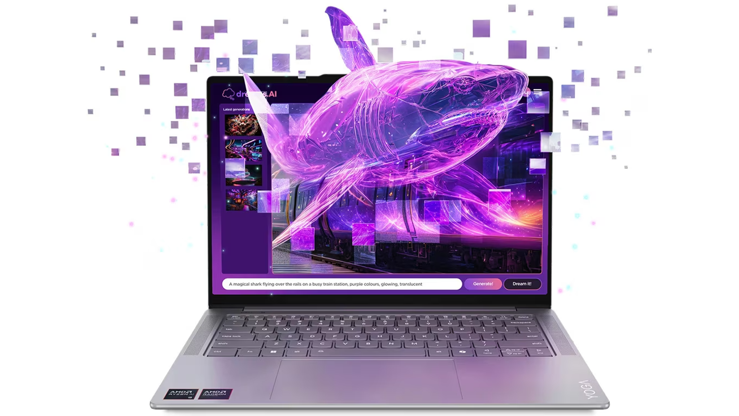 Digitální žralok vyplouvající z obrazovky notebooku Lenovo Yoga Pro 7