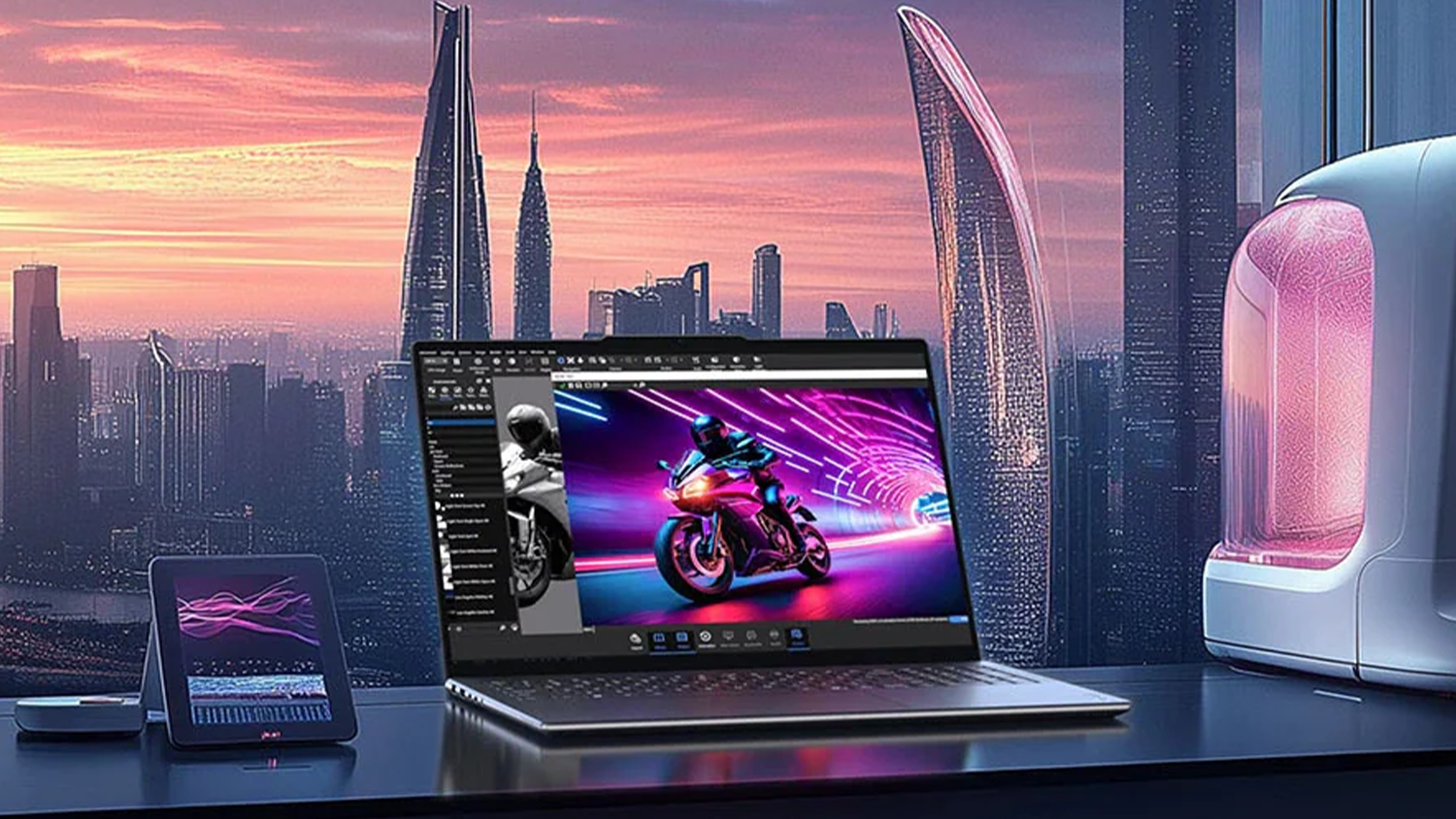 Notebook Lenovo Yoga Pro 9 na futuristickém stole