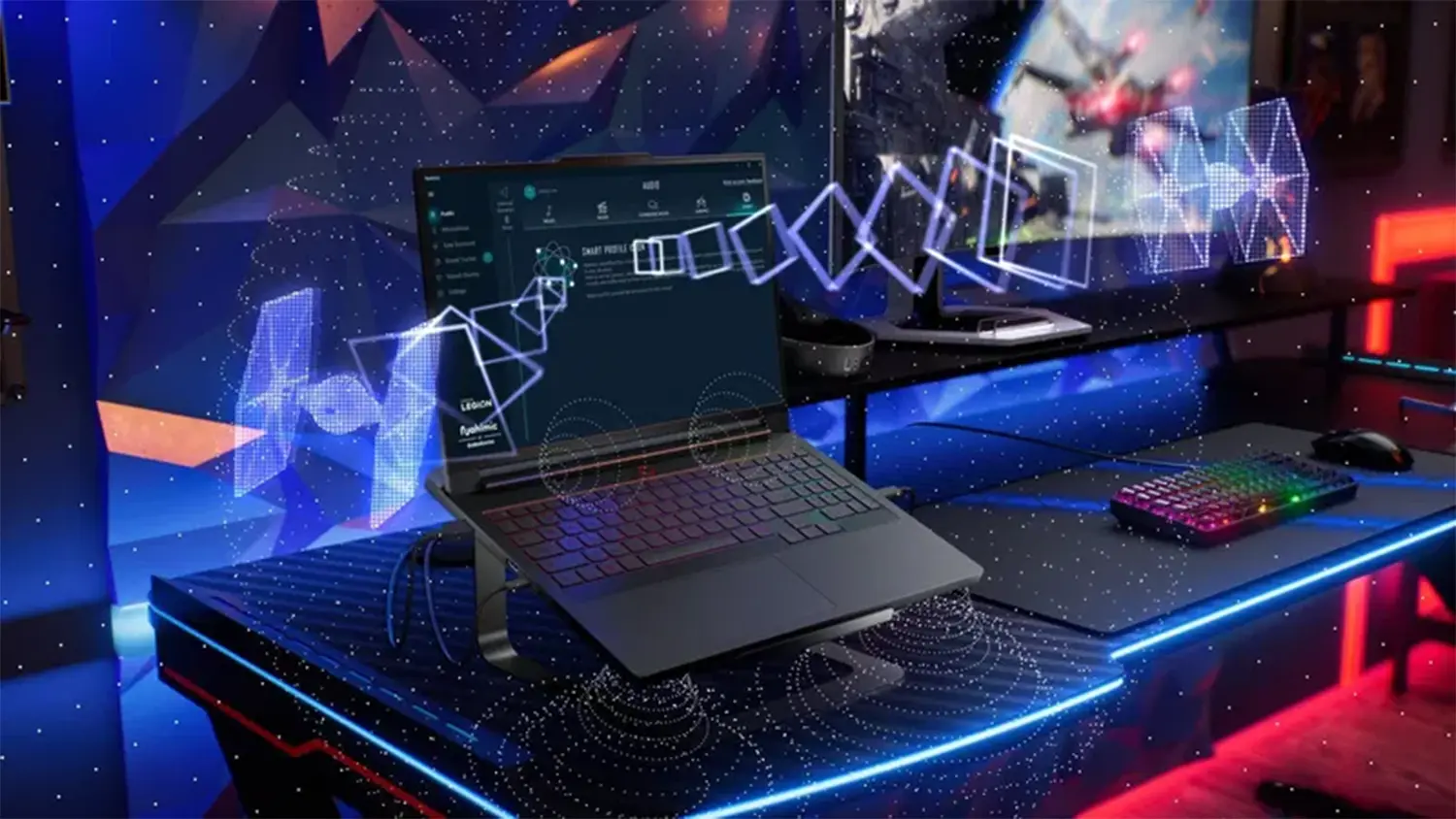 Herní notebook Lenovo Legion 5 na stole s vizualizací zvuku