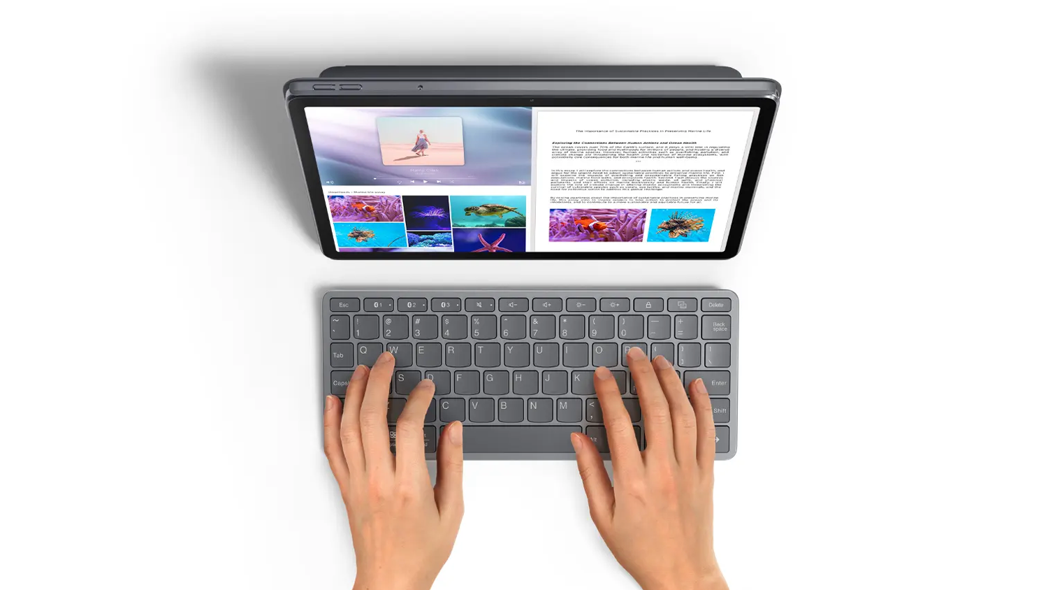 Bezdr&ocirc;tov&aacute; kl&aacute;vesnica Lenovo Multi-device Wireless Keyboard CZ/SK pripojen&aacute; k tabletu