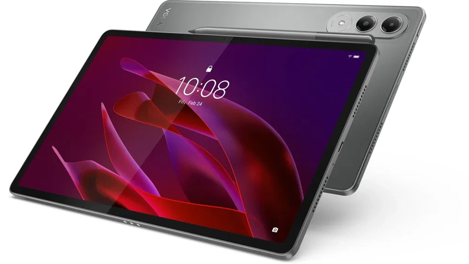 Dotykov&yacute; tablet Lenovo Yoga Tab z předn&iacute; i zadn&iacute; strany a stylusem