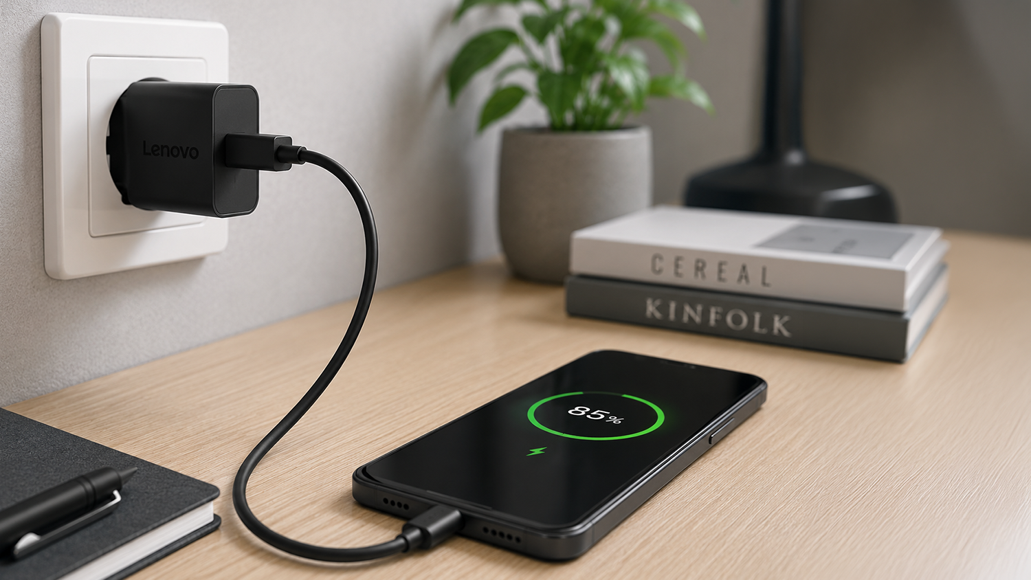 Nab&iacute;jačka Lenovo 20W USB-A Wall Charger zapojen&aacute; do z&aacute;suvky pri nab&iacute;jan&iacute; telef&oacute;nu