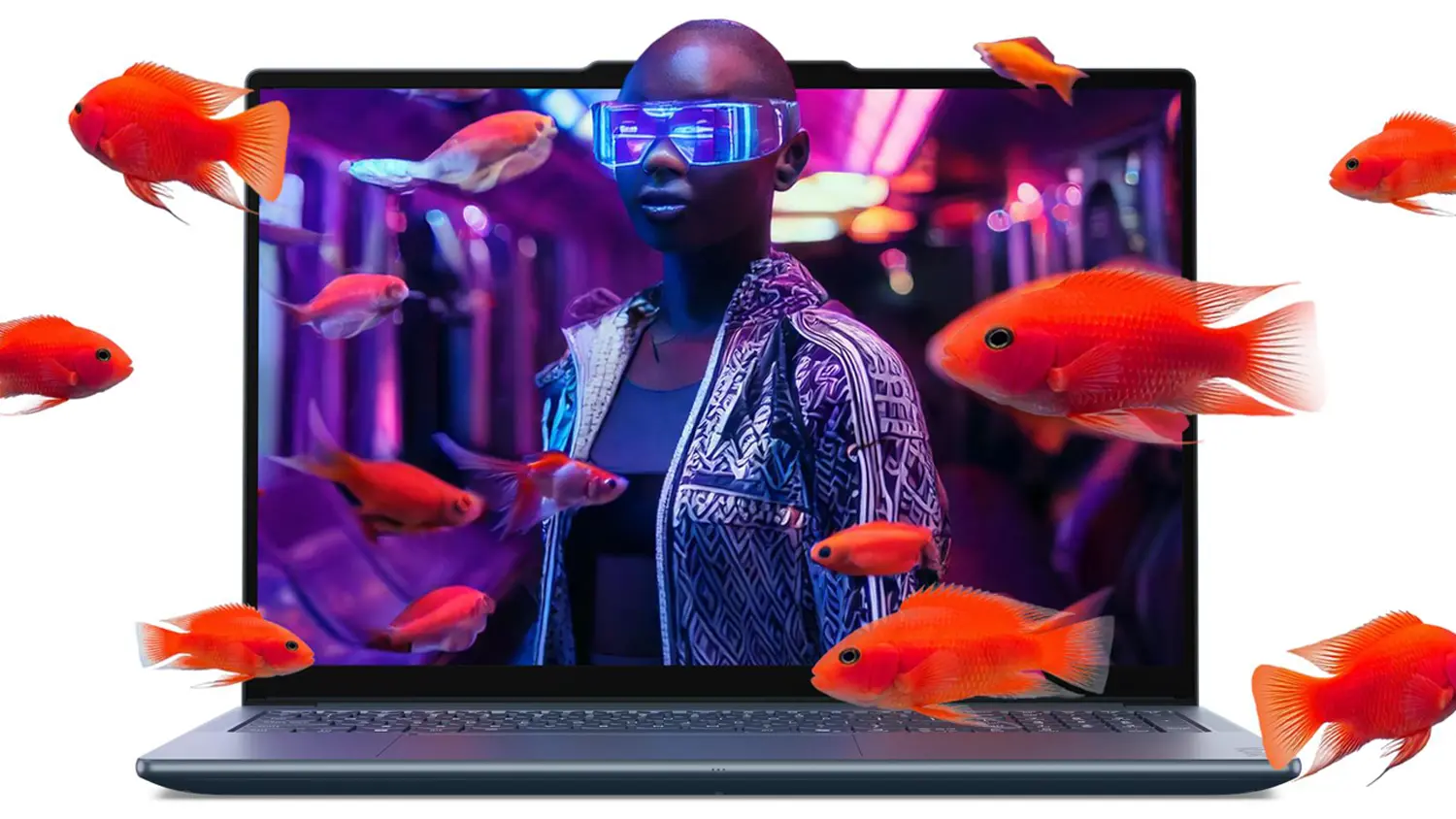 Notebook Lenovo Yoga Pro 9 s člověkem vystupujícím z obrazu a rybičkami