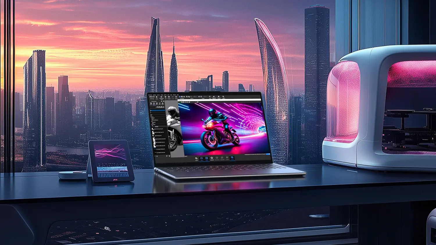 Notebook Lenovo Yoga Pro 9 na futuristickém stole