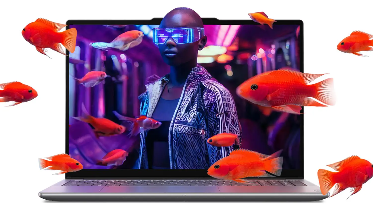 Notebook Lenovo Yoga Pro 9 s člověkem vystupujícím z obrazu a rybičkami