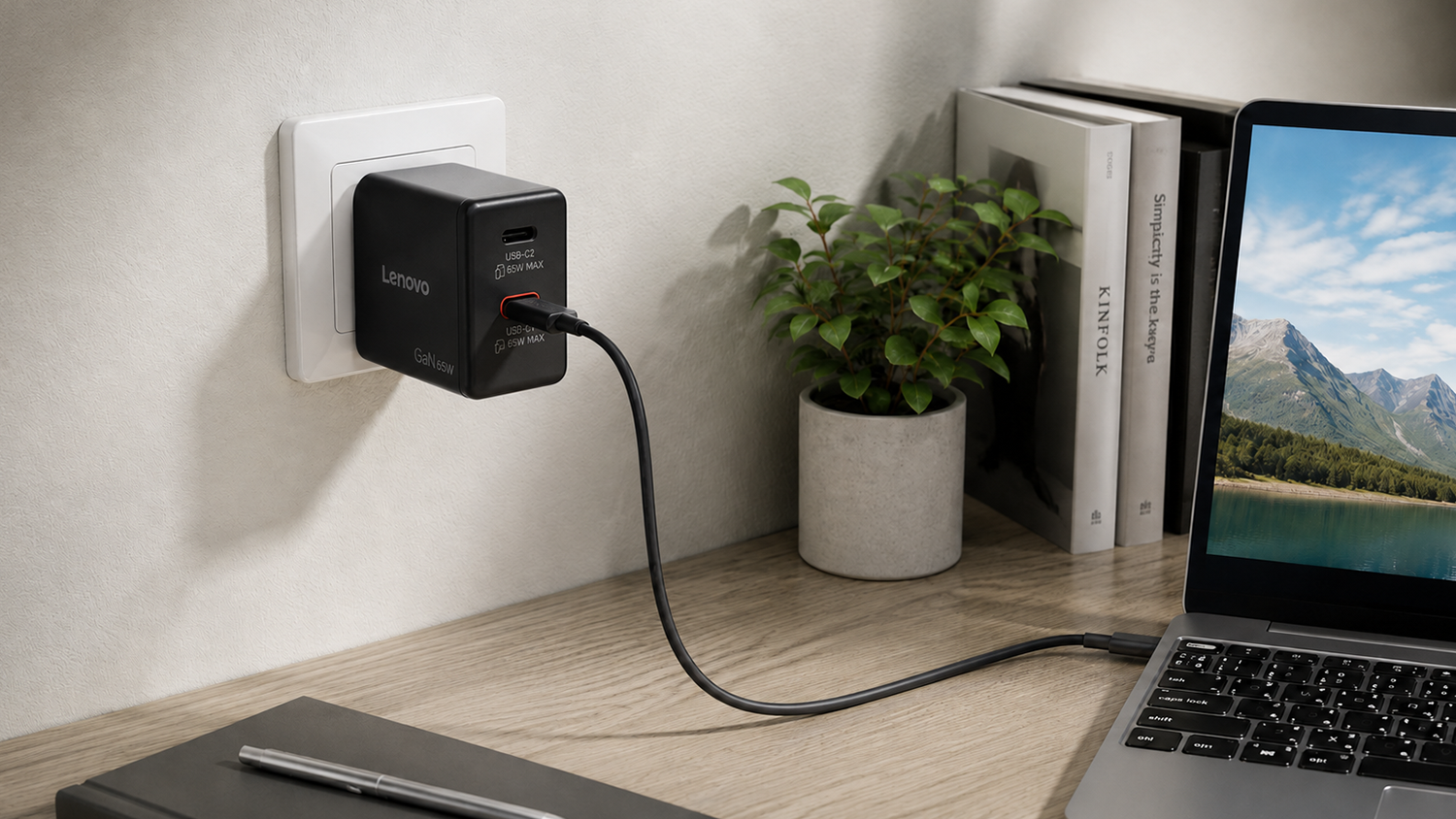 Nap&aacute;jec&iacute; adapt&eacute;r Lenovo Dual USB-C 65W GaN při nab&iacute;jen&iacute; notebooku