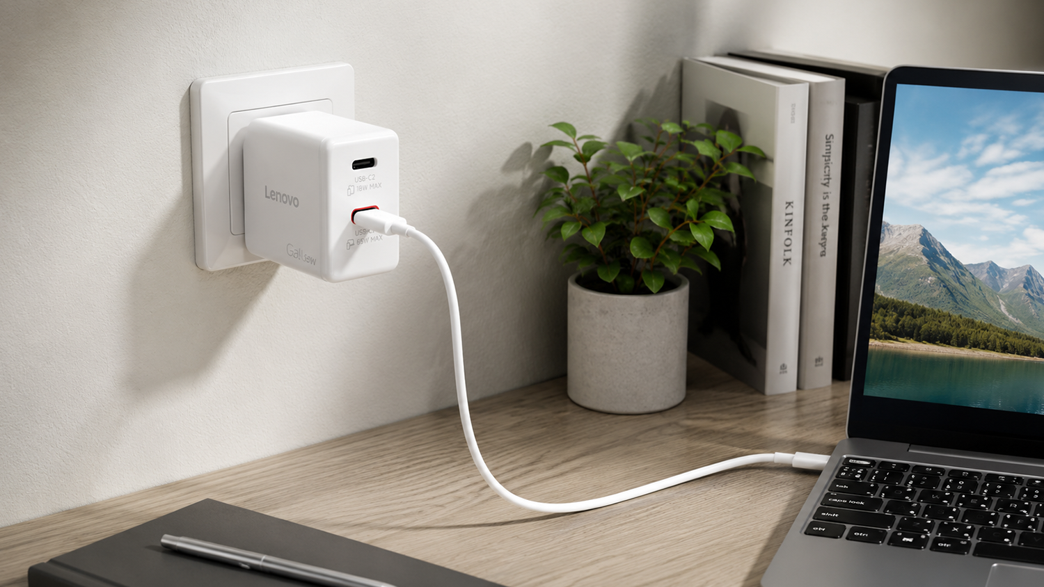 Nap&aacute;jec&iacute; adapt&eacute;r Lenovo Dual USB-C 65W GaN při nab&iacute;jen&iacute; notebooku