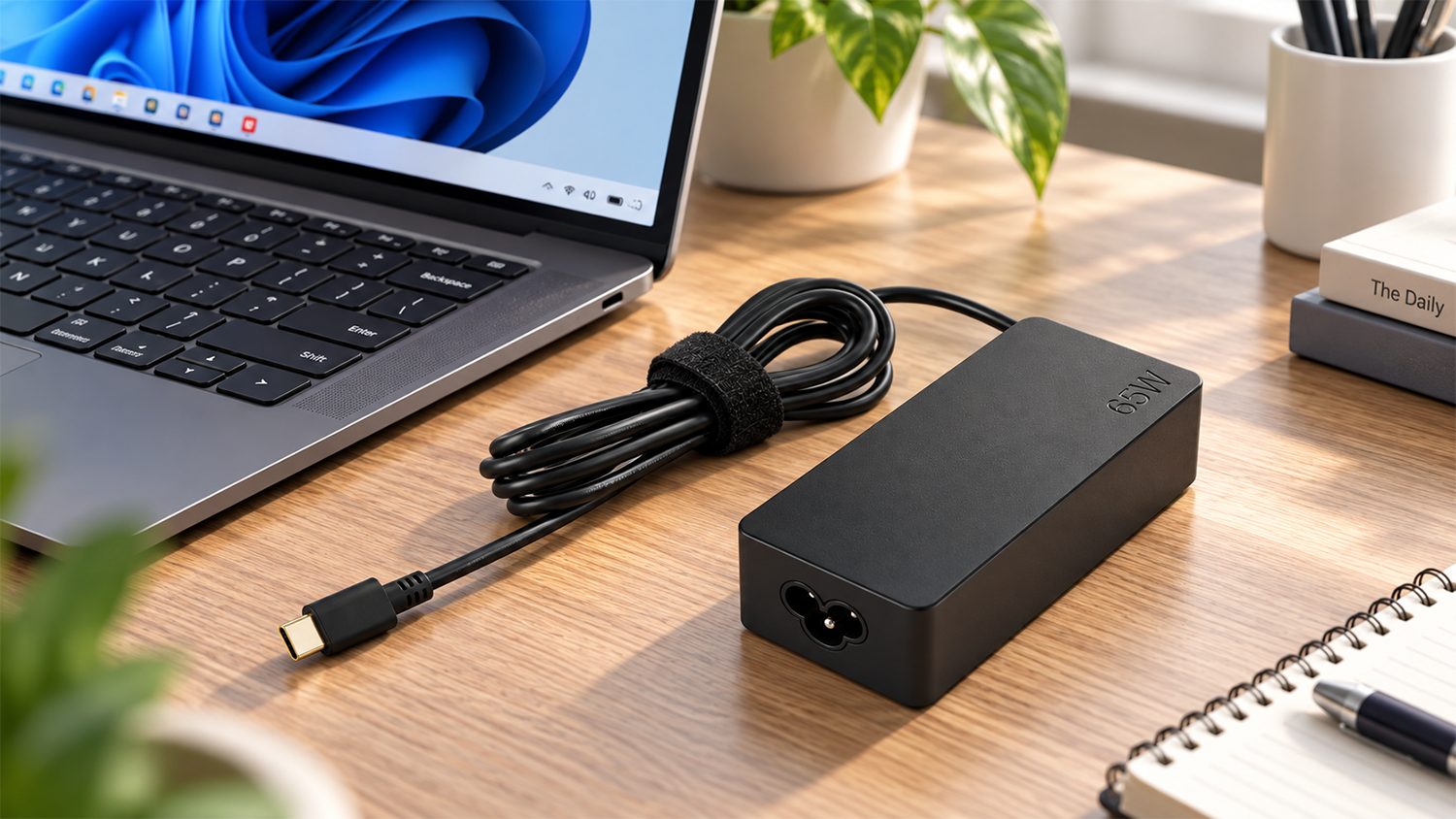 Napájecí adaptér Lenovo 65W USB-C AC na stole vedle notebooku